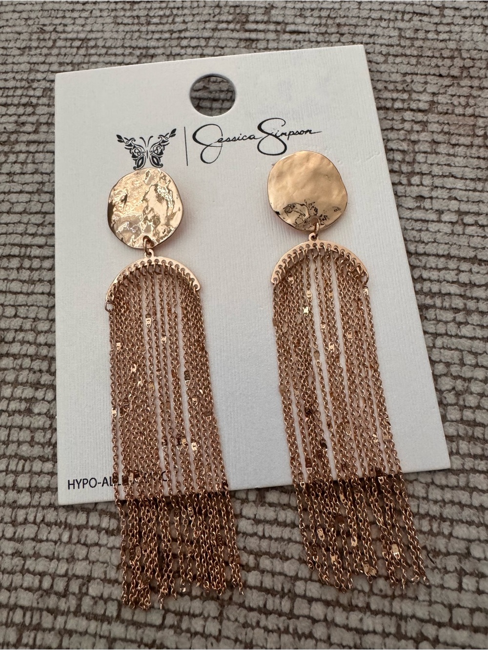 Jessica Simpson Rose Gold Hammered Disc Tassel Earrings